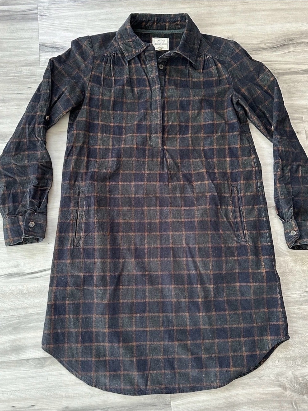 Fat Face Navy Plaid Long-Sleeve Shirt Dress with Rust Lines